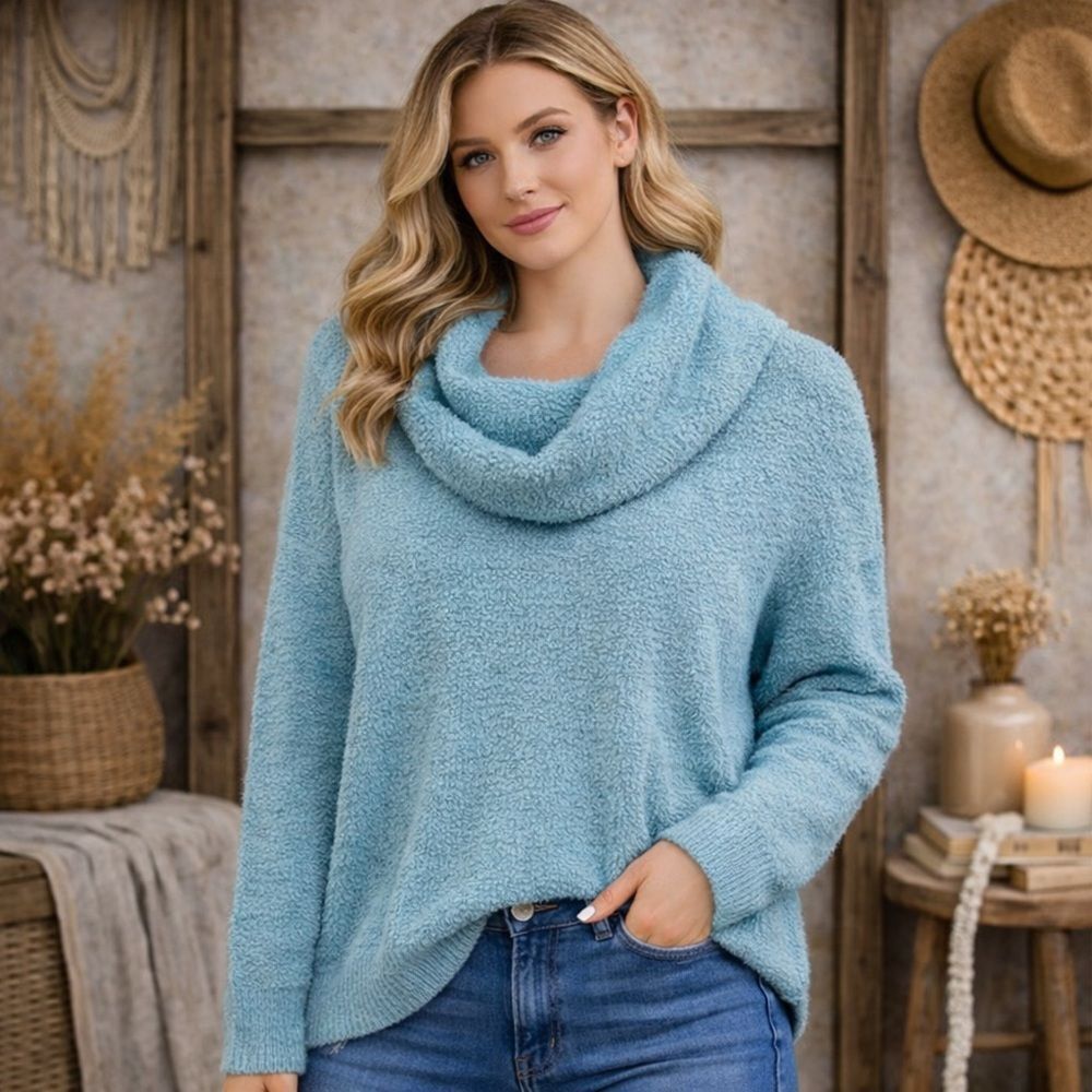 Kaisley By Anthropologie Women's Cowl Neck Aqua Blue Fluffy Sweater Size Large
